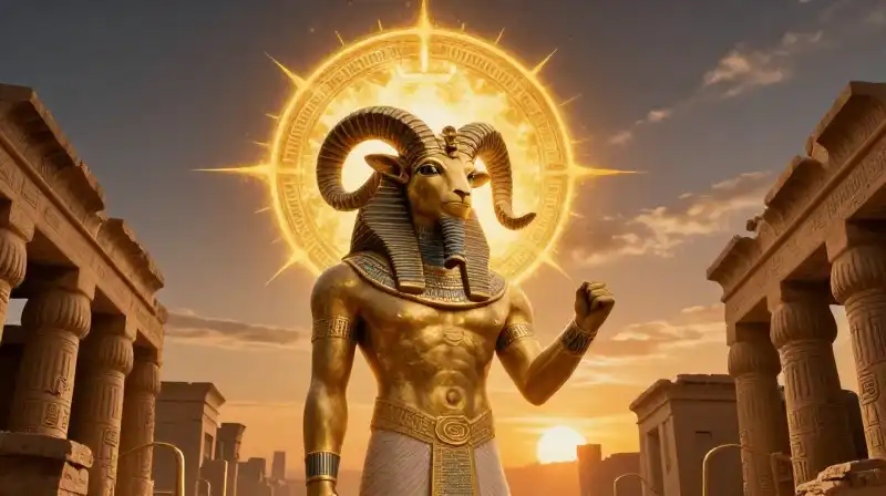 A horned sun god stands amidst ancient temple ruins