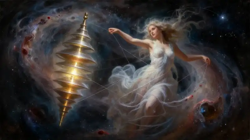 A goddess spins glowing threads amidst swirling cosmic nebulae