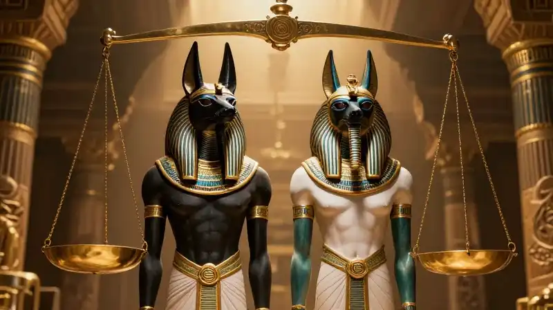 Anubis and Horus stand by golden scales in Egypt