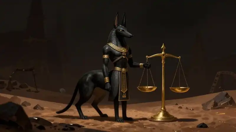Anubis stands by golden scales in a dark desert underworld