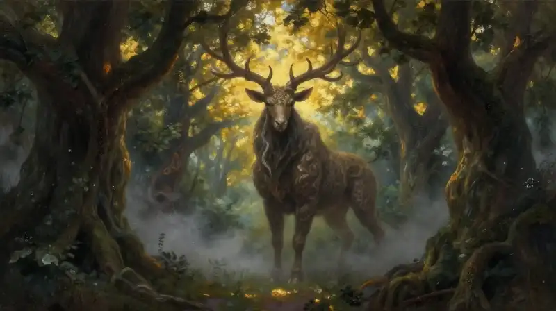 A majestic horned deity stands amidst a misty oak forest