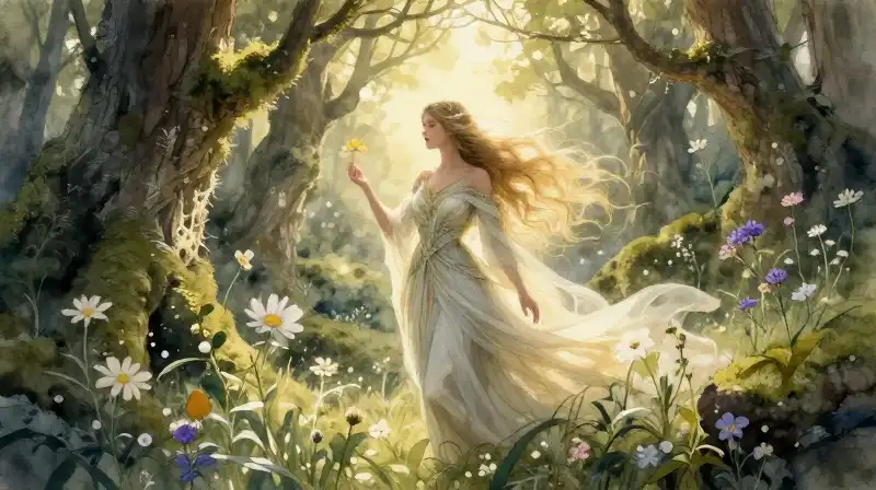An ethereal Celtic goddess stands amidst a mossy wildflower grove