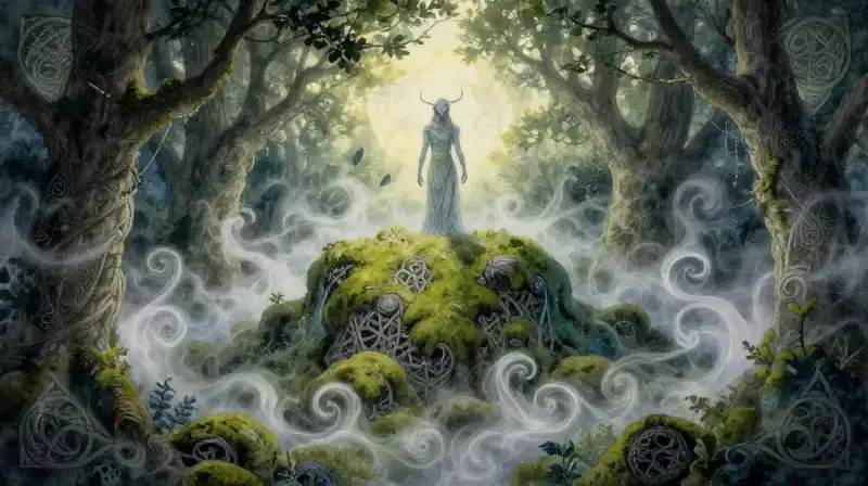 Ethereal fairy nobles stand amidst swirling mist on a mound
