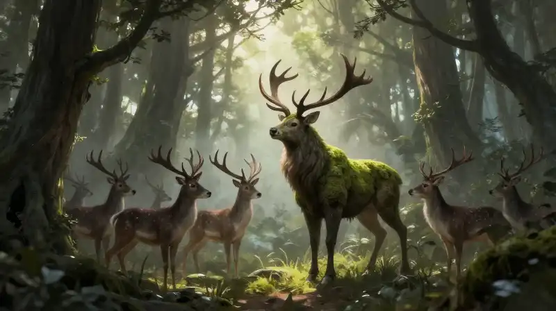 A mossy, antlered deity wanders through a misty, sunlit forest