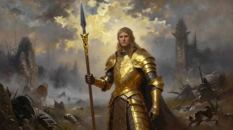 A golden-armored Celtic warrior holds a spear amidst mist