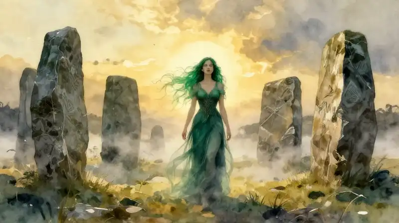 An ethereal goddess with emerald hair stands amidst misty stones