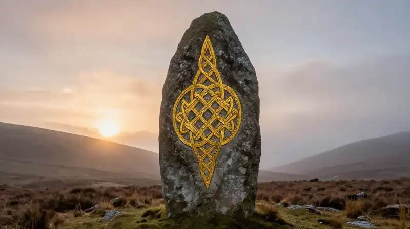 A golden Celtic knot carved onto a weathered stone monolith