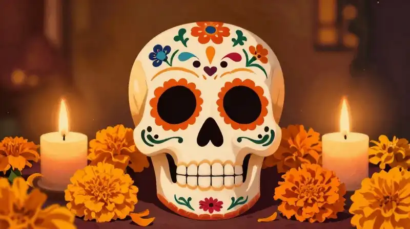 A decorated sugar skull rests among marigolds on an altar