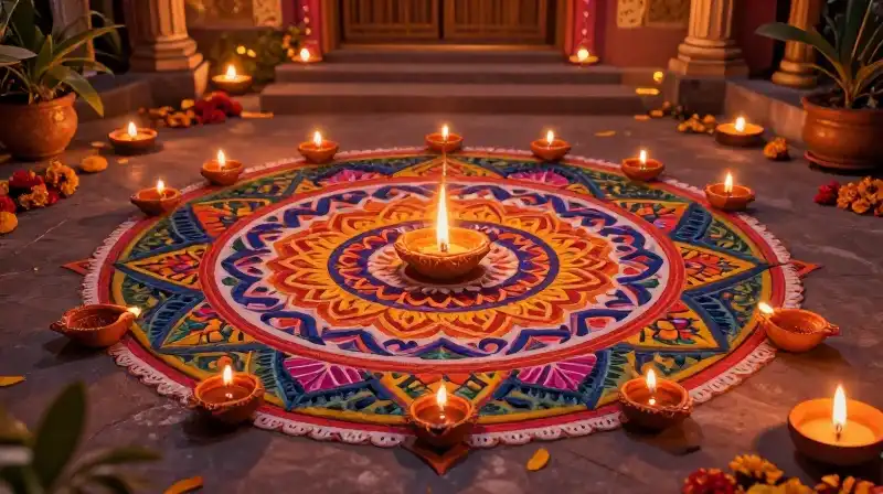 Glowing diyas illuminate an intricate, colorful rangoli in a courtyard