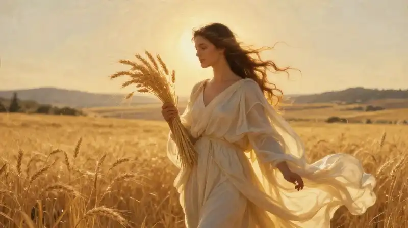 Goddess Demeter holds golden wheat in sun-drenched Mediterranean fields