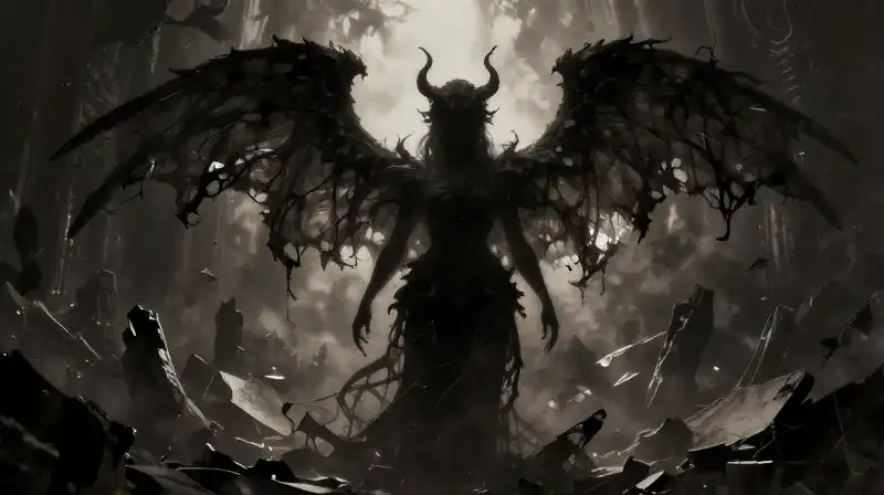 A morphing deity silhouette with decaying wings amidst celestial ruins