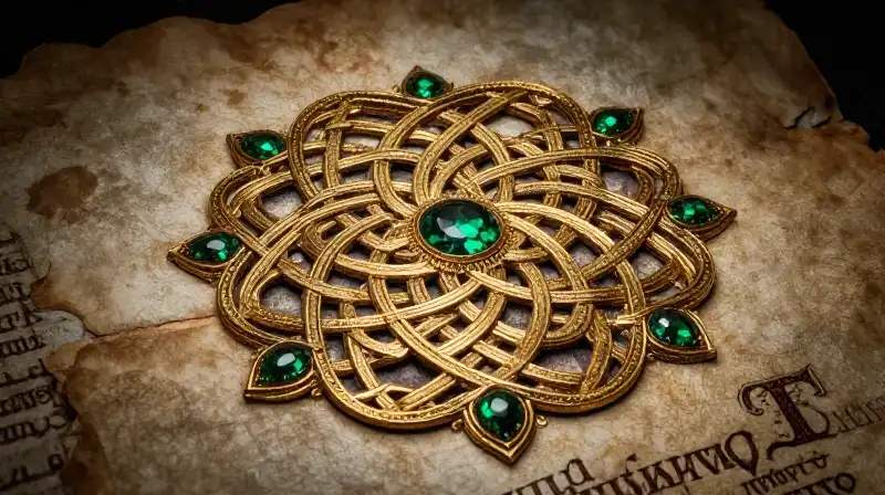 Gold knotwork and emeralds adorn an ancient stone parchment