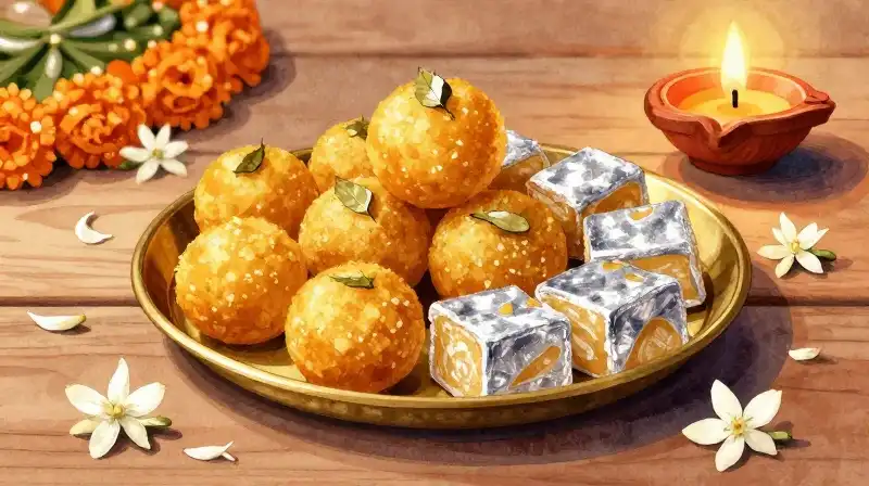Golden sweets and jasmine petals rest on a festive table