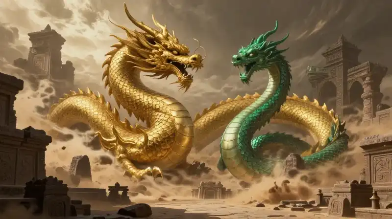 A golden dragon and emerald serpent entwine amidst desert ruins