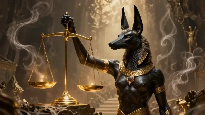 Anubis weighs souls against golden scales in a mystical underworld