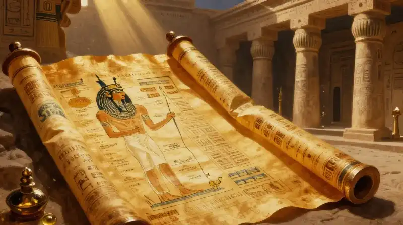 Imhotep heals within a sunlit, ancient Egyptian temple sanctuary