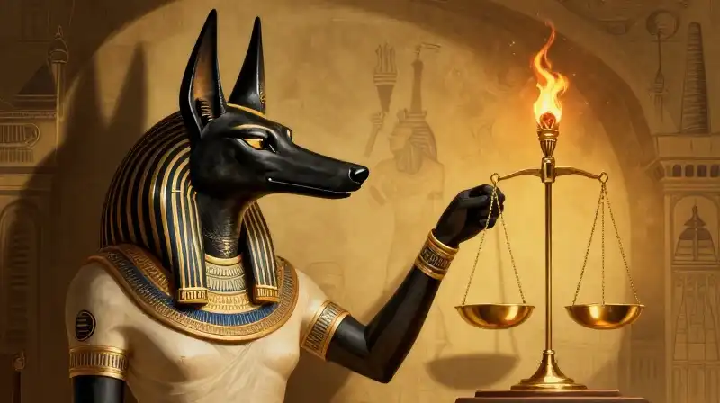 Anubis stands by golden scales in a dark Egyptian tomb