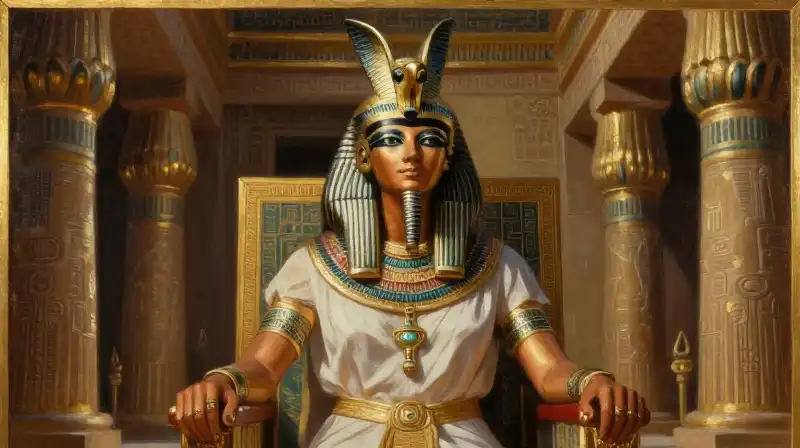 Cleopatra as Isis sits regally upon a grand temple throne