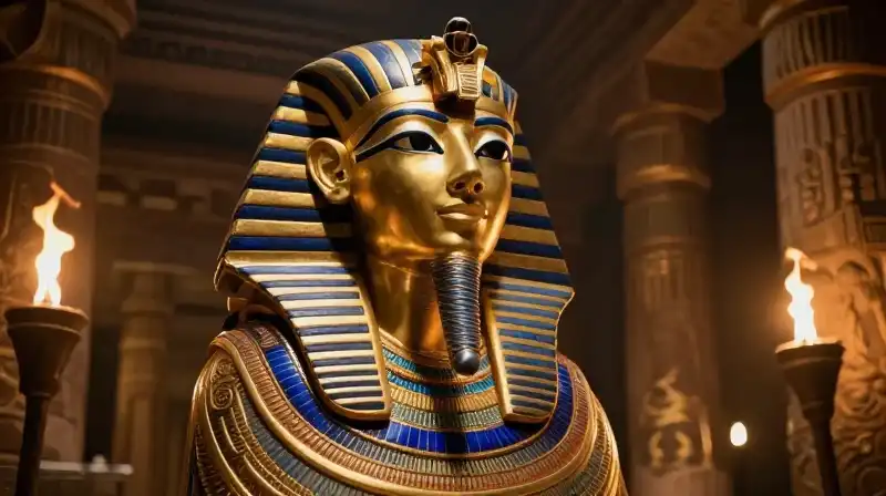 A golden pharaoh mask rests in a torchlit temple