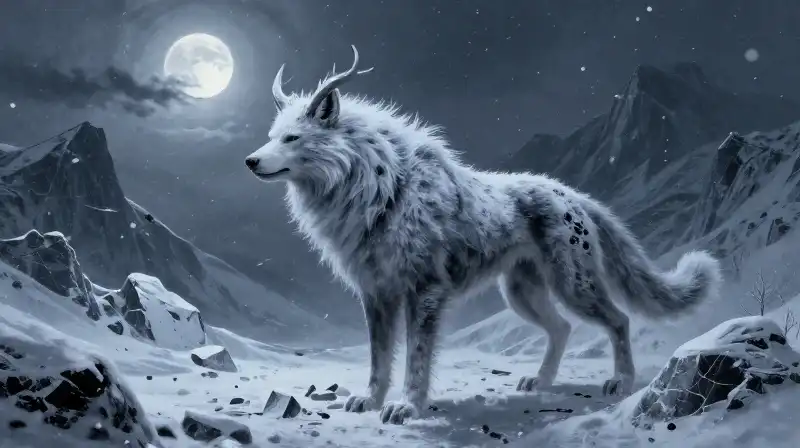 A frost-covered giant wolf stands amidst shattered, snowy mountains