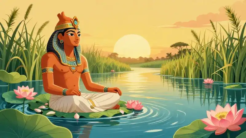 The god Hapi rises amidst lotus flowers and papyrus
