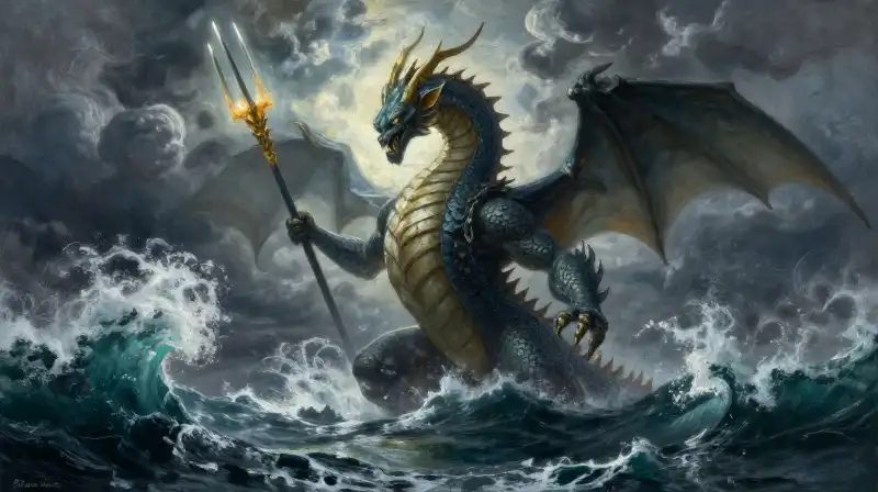 A colossal Poseidon wields a glowing trident amidst stormy waves