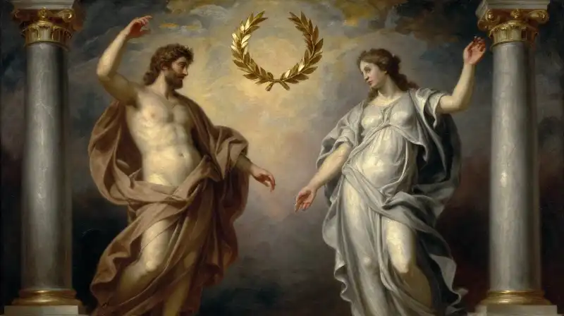 Two deities stand beside marble pillars in a celestial void