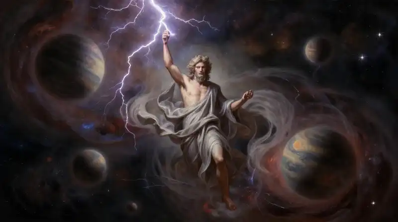 Zeus holds a lightning bolt amidst swirling cosmic nebulae