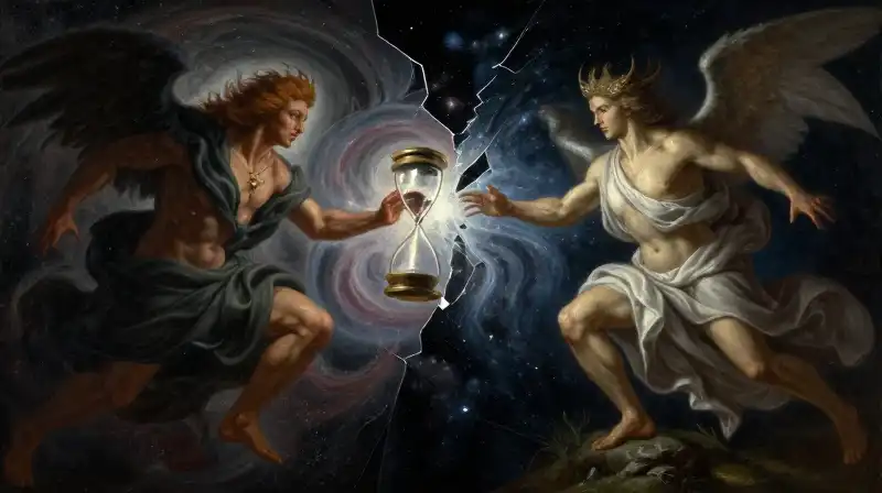 Two celestial gods clash amidst swirling cosmic hourglasses