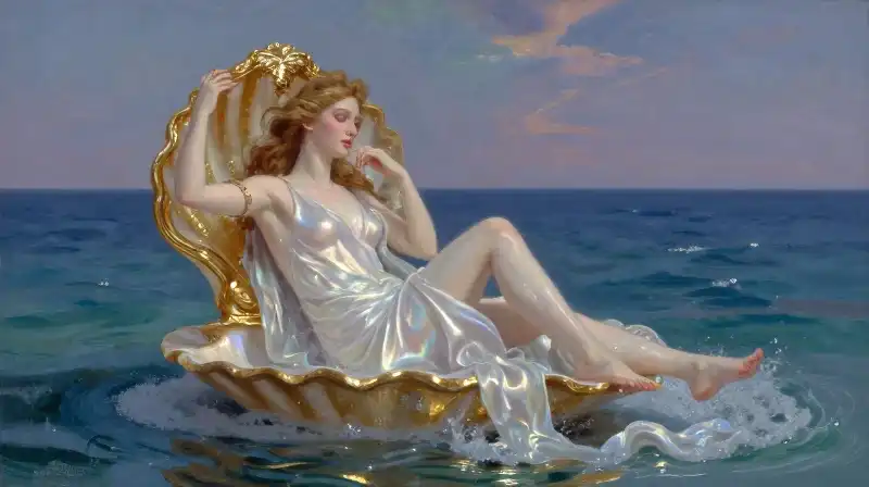 Aphrodite emerges from sea foam onto a golden seashell throne