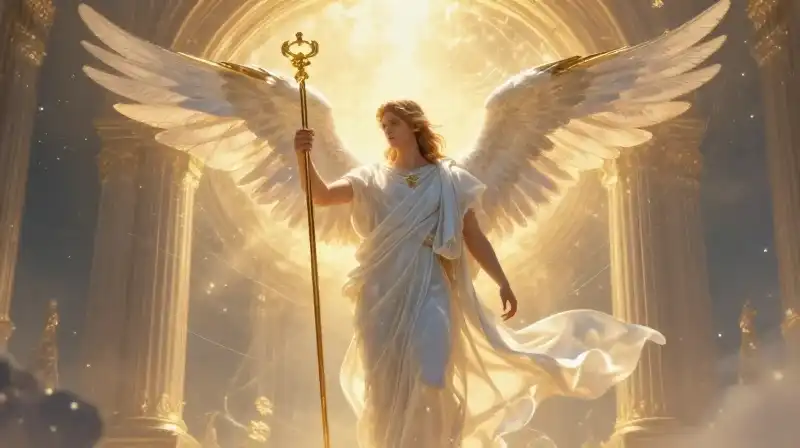 A winged god holds a golden staff at a celestial gateway