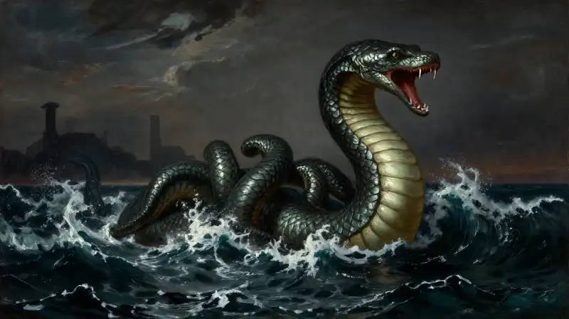 Scylla and a massive serpent rise from turbulent seas