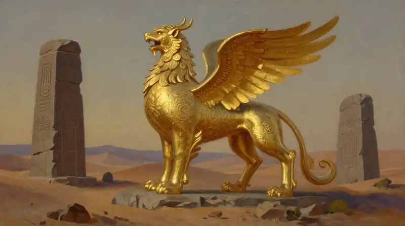 A golden griffin stands among ancient desert stone monoliths
