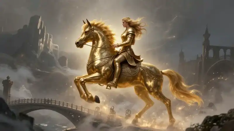 Hermod rides the eight-legged Sleipnir across the glowing Bifrost
