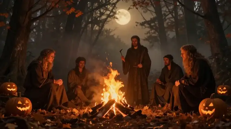 Druids gather around a bonfire in a misty autumn forest