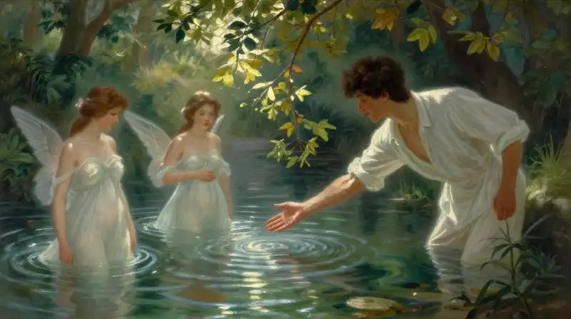 A young man reaches toward nymphs emerging from shimmering water