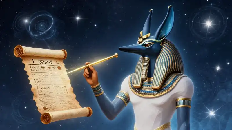 The ibis-headed god Thoth holds a golden stylus over scrolls