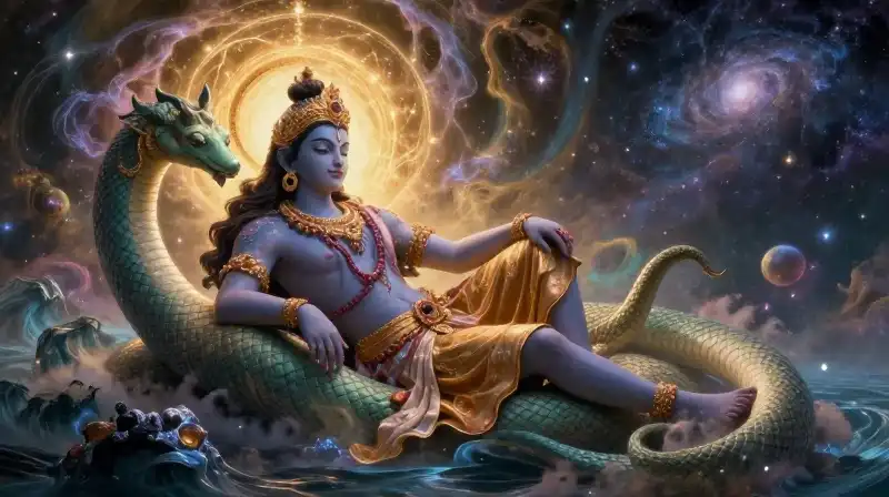 Lord Vishnu reclines on a cosmic serpent amidst swirling galaxies