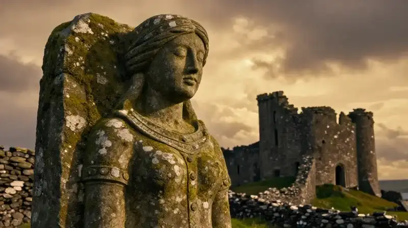 A mossy stone woman stands amidst crumbling Irish castle ruins