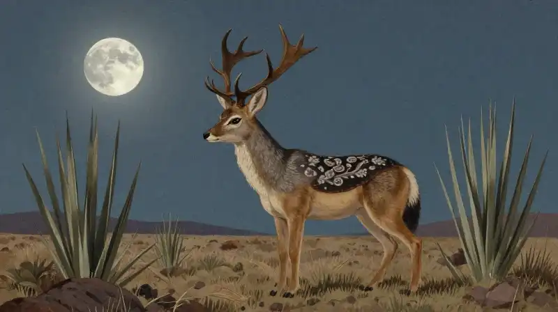 A mythical jackalope stands amidst moonlit desert sagebrush