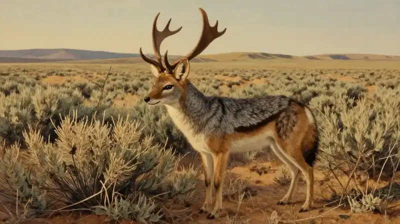 A mythical jackalope stands amidst vast, sunlit desert sagebrush