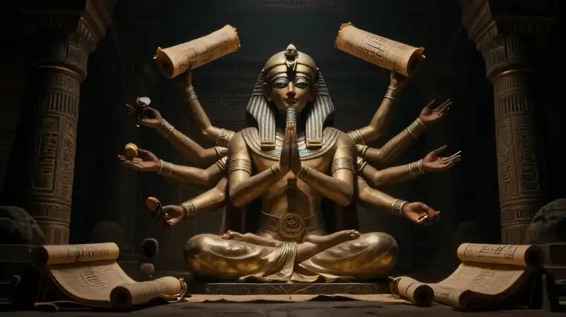 A multi-armed Medjed deity rests among scrolls in a tomb