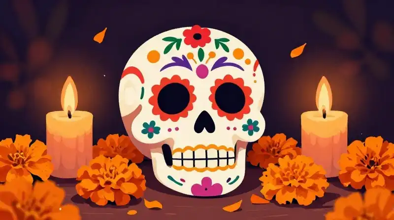 A sugar skull rests on marigolds by flickering candles