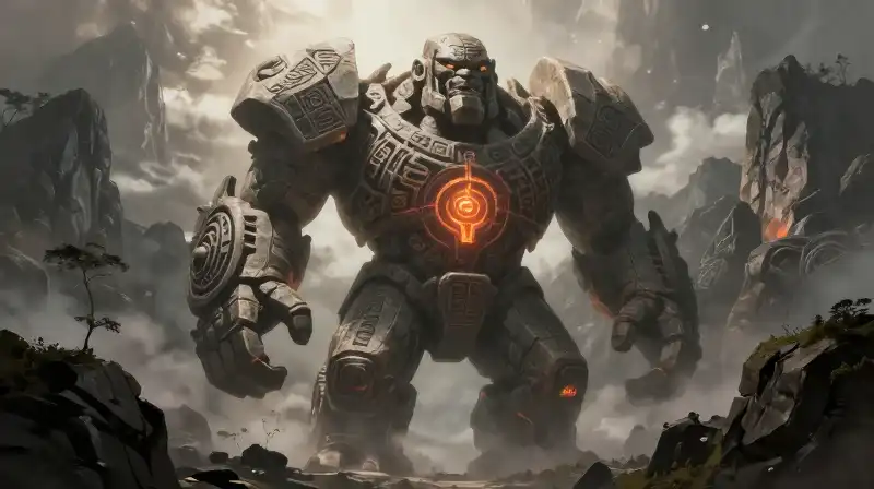 A colossal stone golem with glowing runes stalks misty mountains