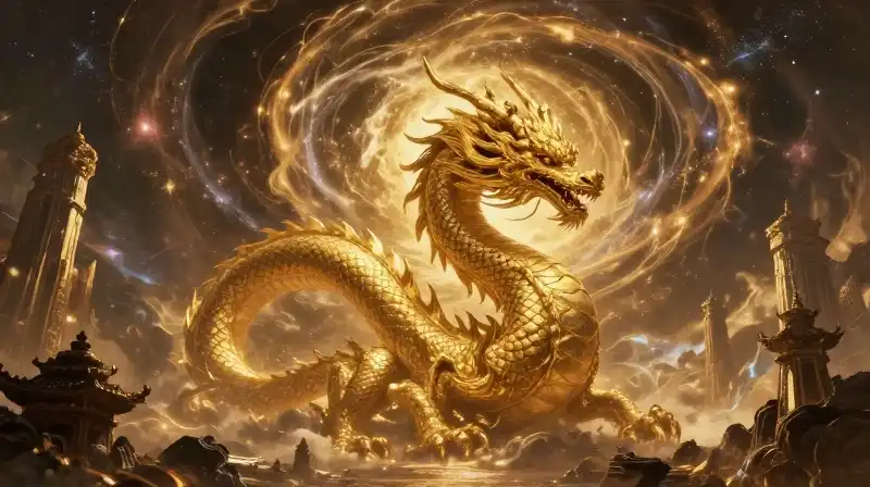 A colossal golden dragon soars through celestial ruins and nebulae