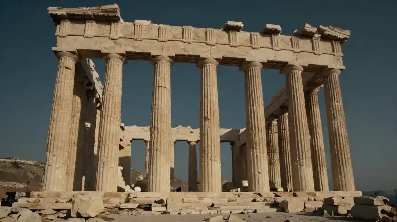 A colossal ancient titan stands among crumbling marble monoliths