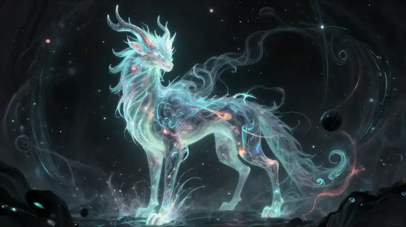 A mythical chimera swirls amidst glowing cosmic energies