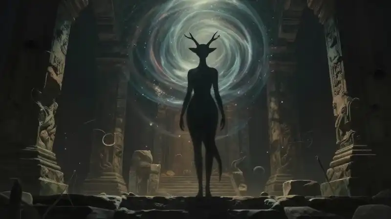 A mystical chimera silhouette stands amidst swirling particles and ruins