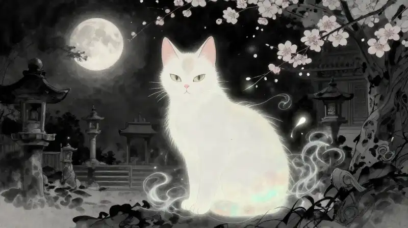 A glowing spectral cat drifts through a misty shrine
