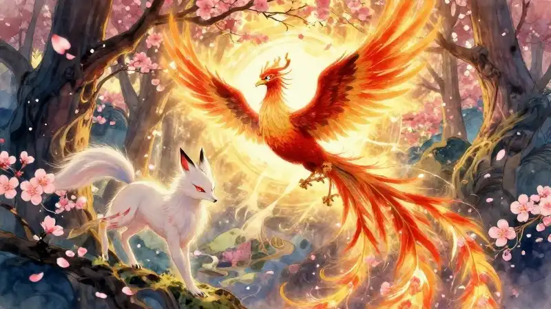 A majestic phoenix and kitsune float amidst mystical blossoms
